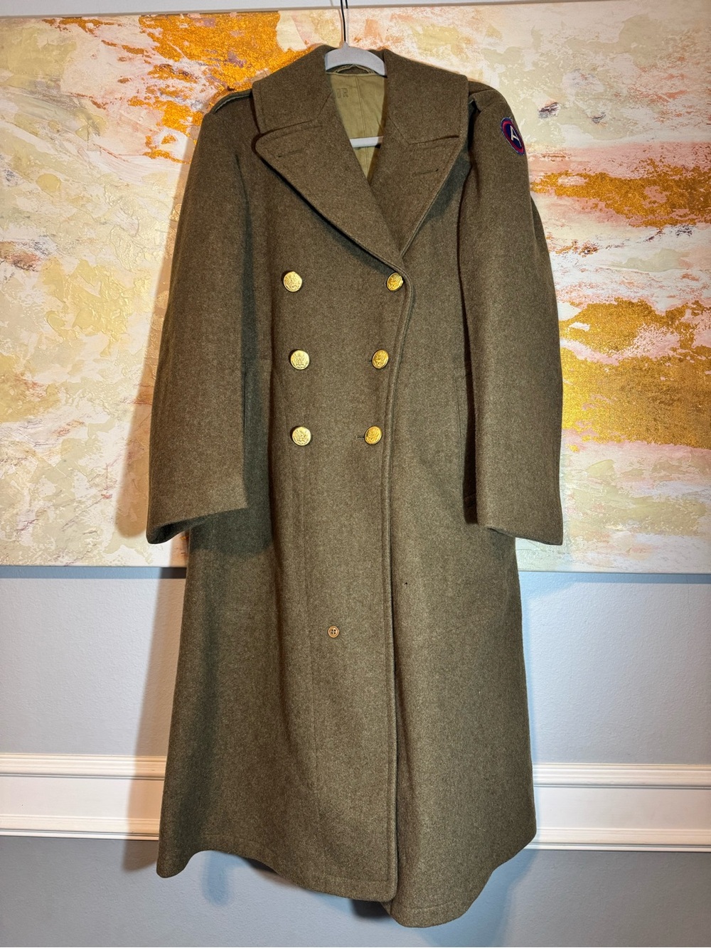 WW2 1940s Military-Style Olive Wool Double-Breasted Coat Third Army patch